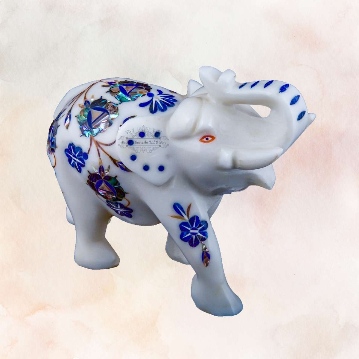 Blue & Green Flower with Golden Stems Designed Marble Elephant